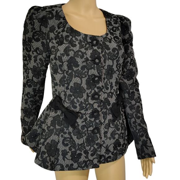 Betsey Johnson Floral Jacket Brocade Runway Peplum Ribbon Fit Flare Size 6 - Picture 2 of 9
